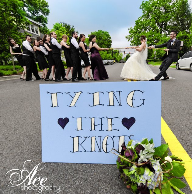 bridal party, groom, bride, tug of war, tying the knot, franklin, wedding